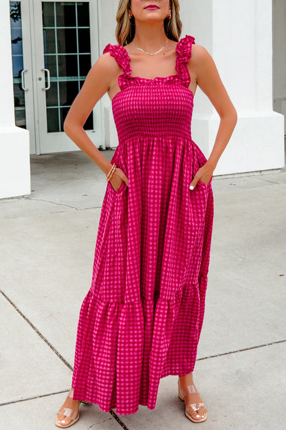 Plaid Square Neck Maxi Dress