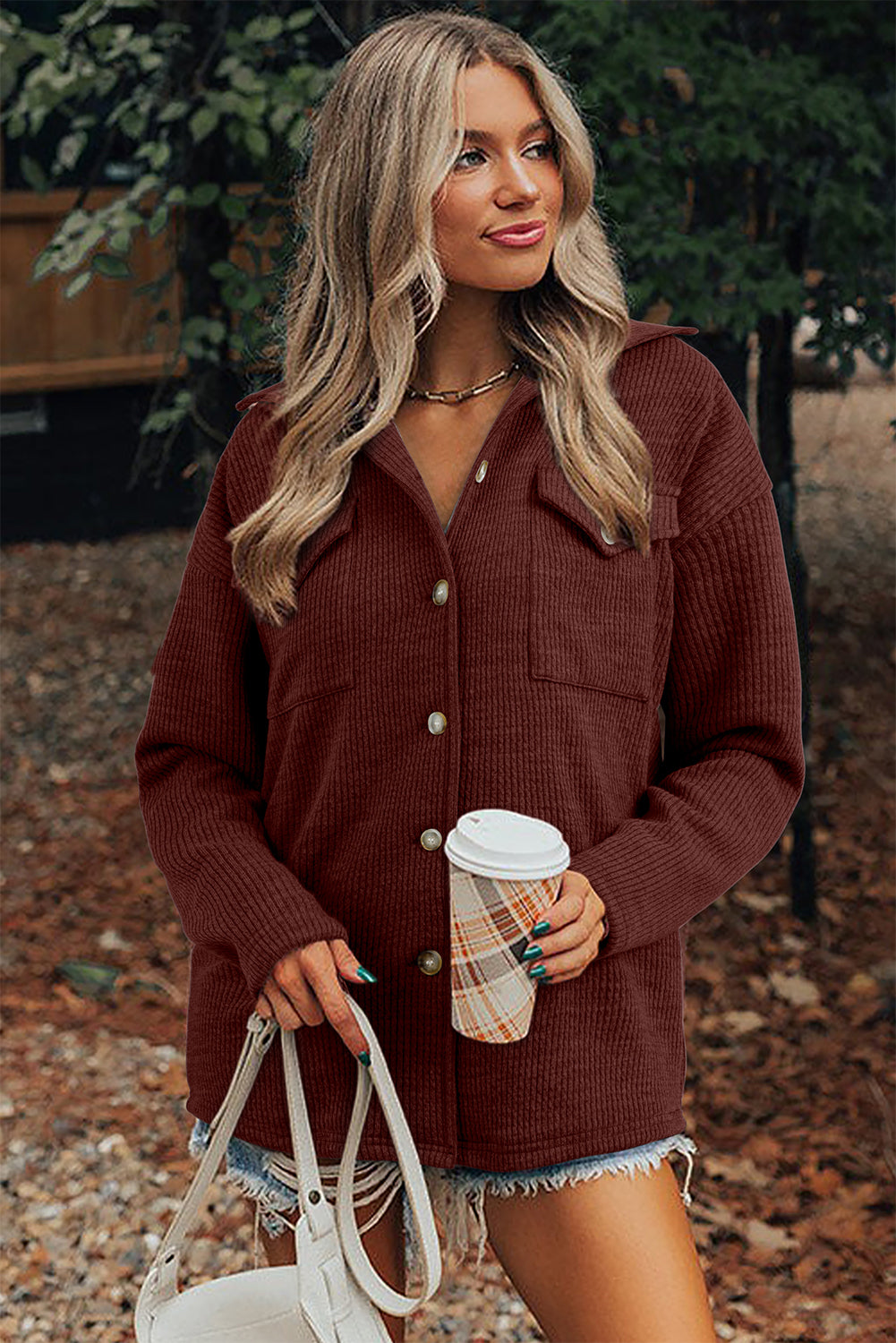 Sandalwood Ribbed Knit Buttons Jackets