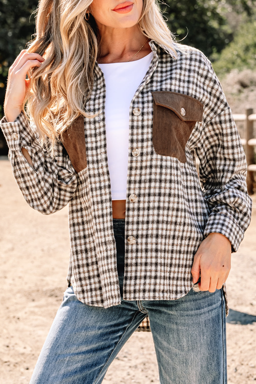 Casual Corduroy Flap Plaid Shackets