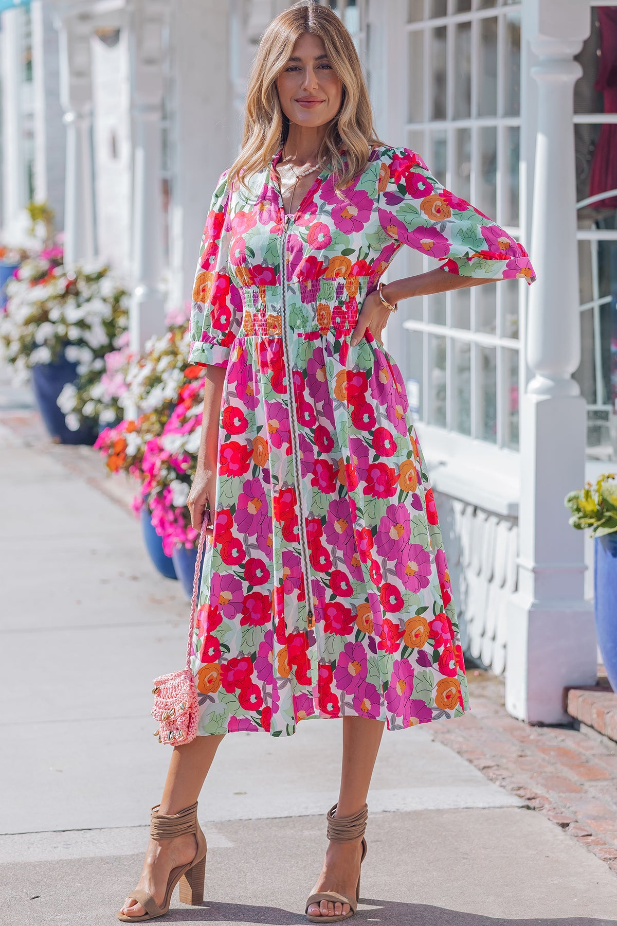 Vibrant V-neck Zip Floral Dress