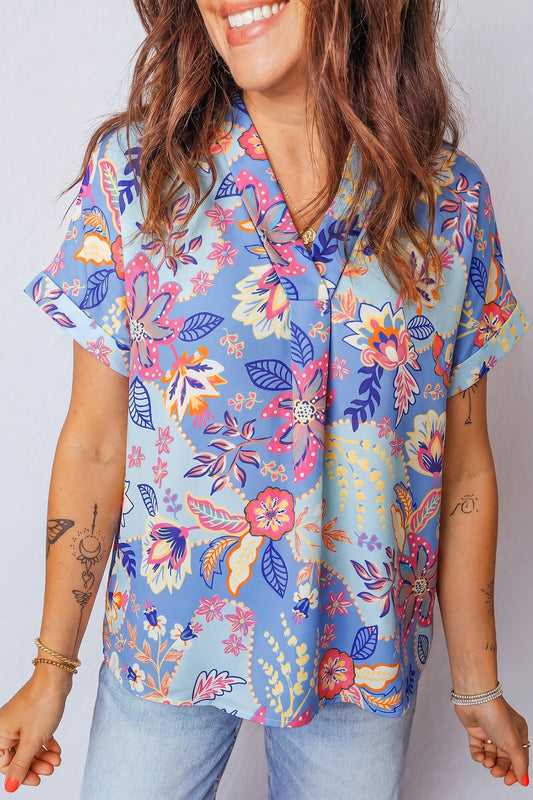 Floral V-neck Short Sleeve Blouse