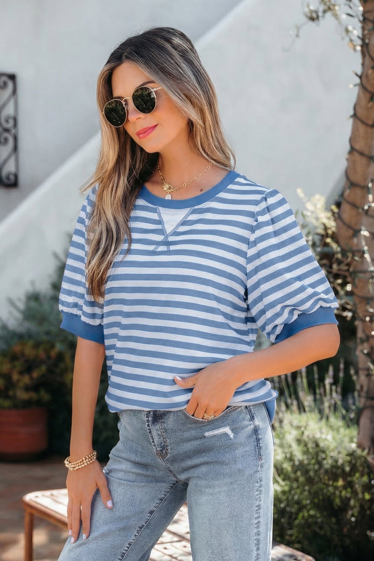 Stripe Short Bubble Sleeve Tee