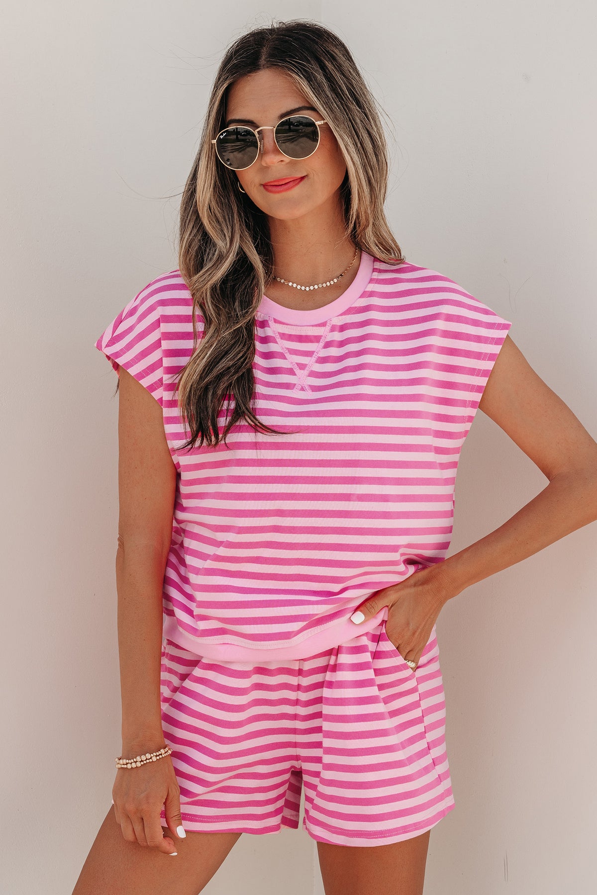 Stripe Cap Sleeve Short Set
