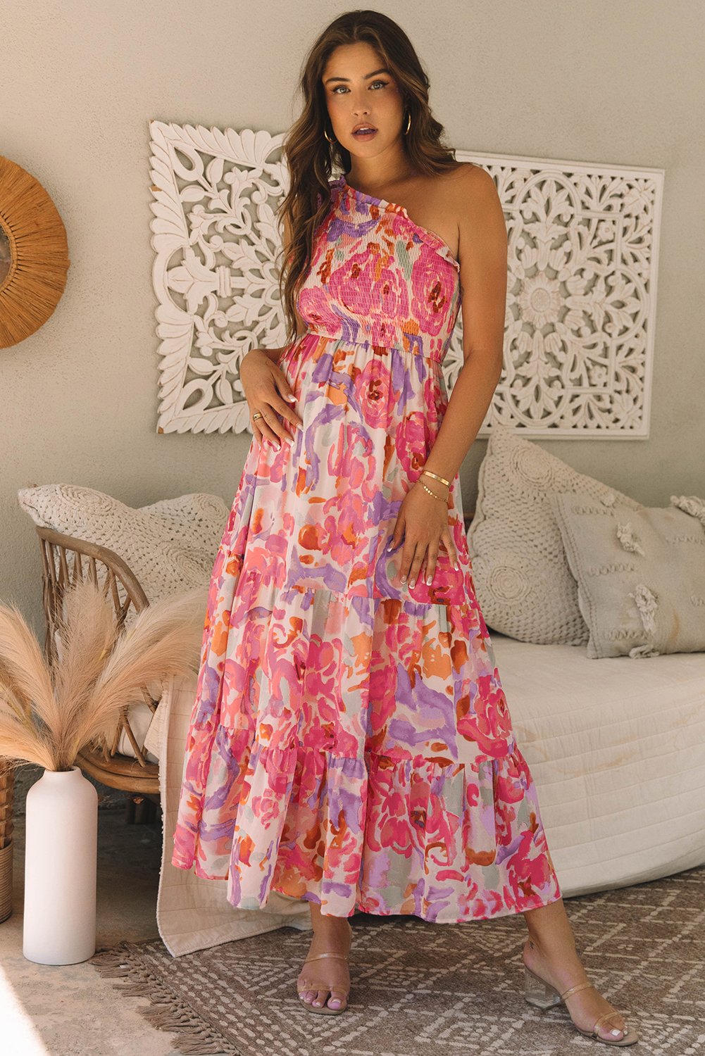 Abstract Shirred Maxi Floral Dress