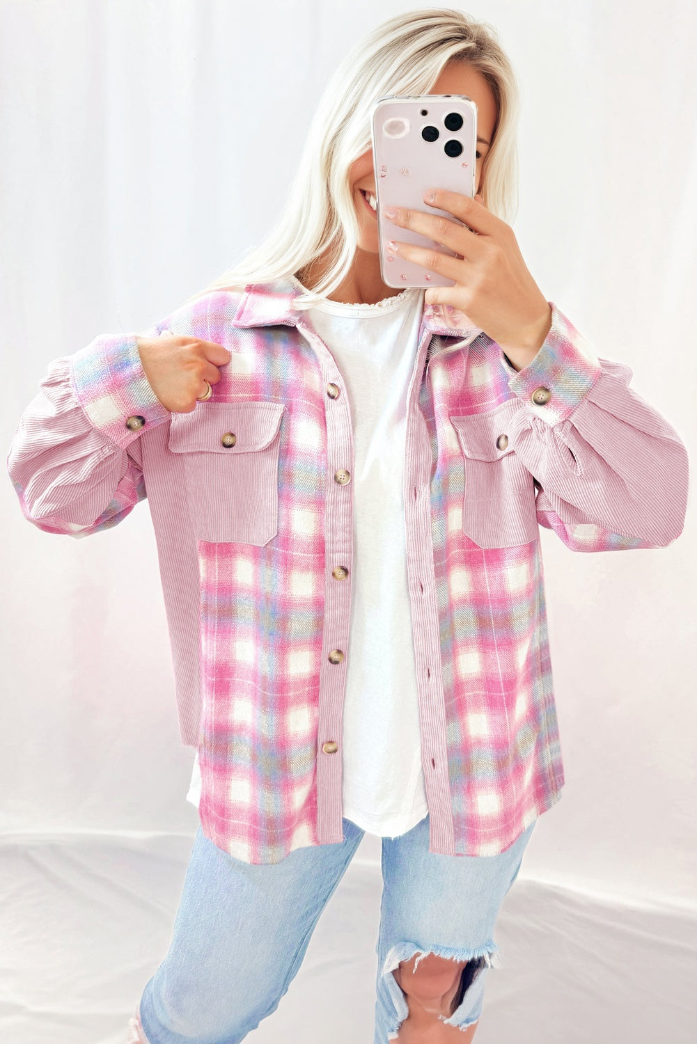 Brushed Corduroy Flap Plaid Shackets