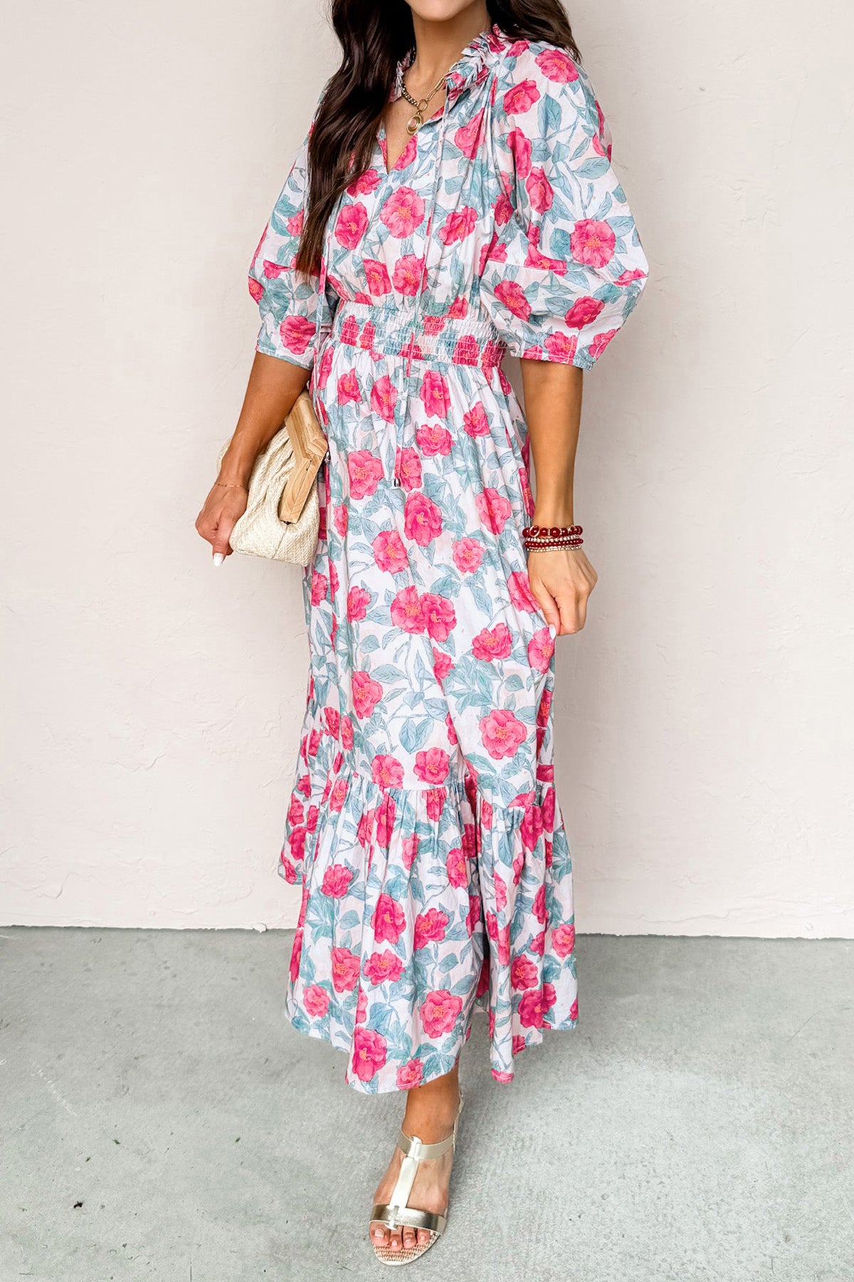Puff Sleeve Midi Floral Dress