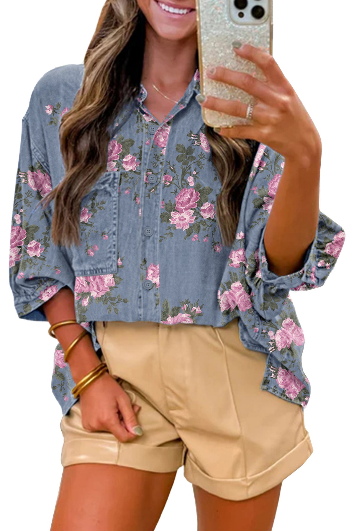 Bracelet Sleeve Floral Denim Blouse