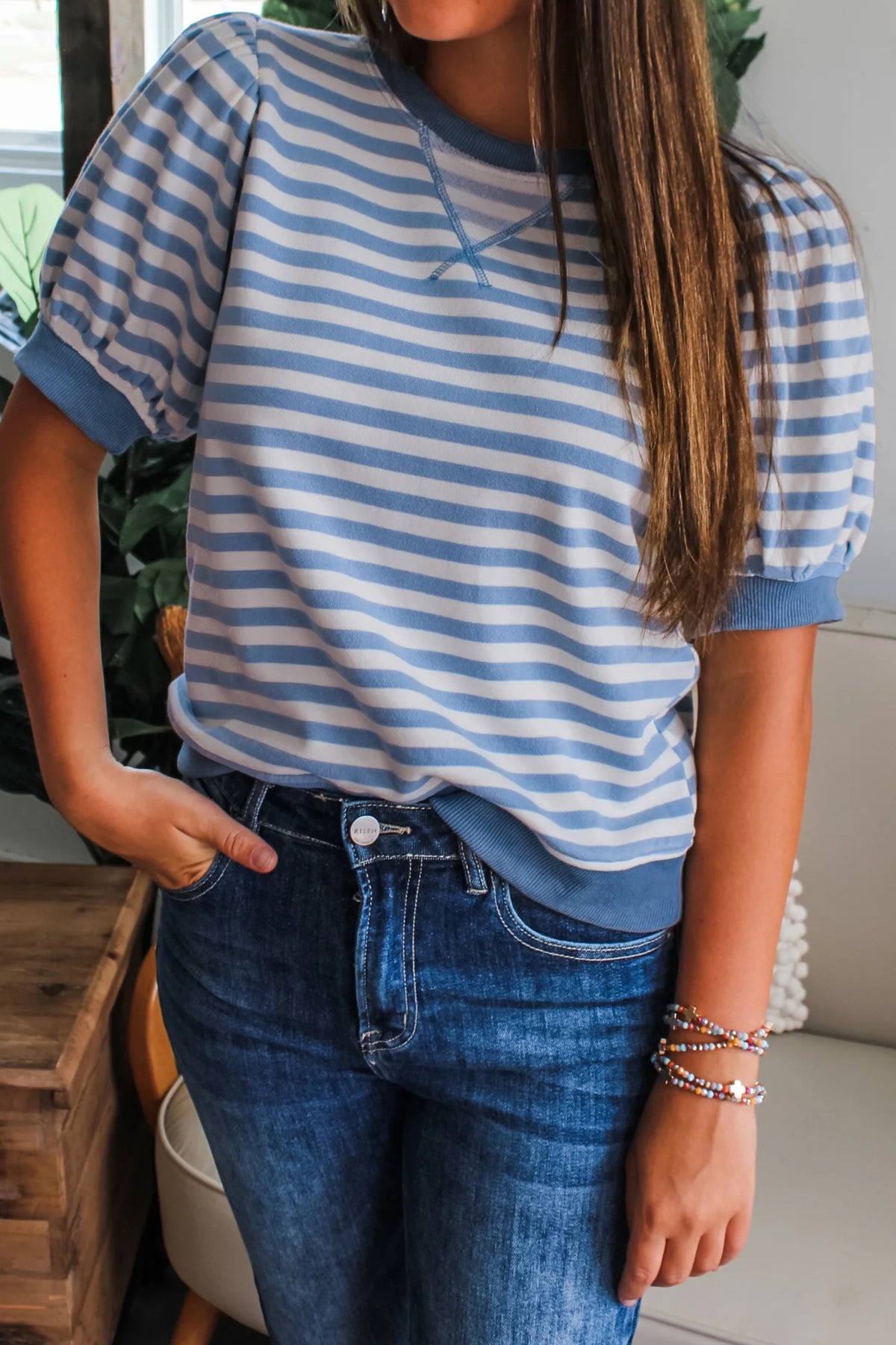Stripe Short Bubble Sleeve Tee