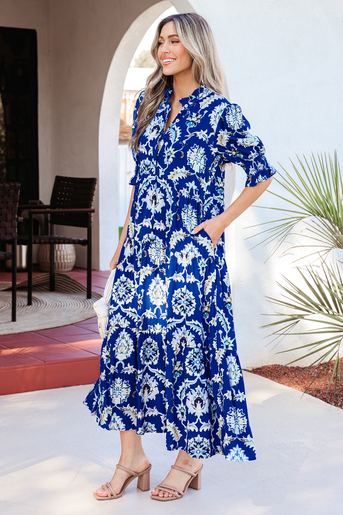 Frilled Collar Long Floral Dress