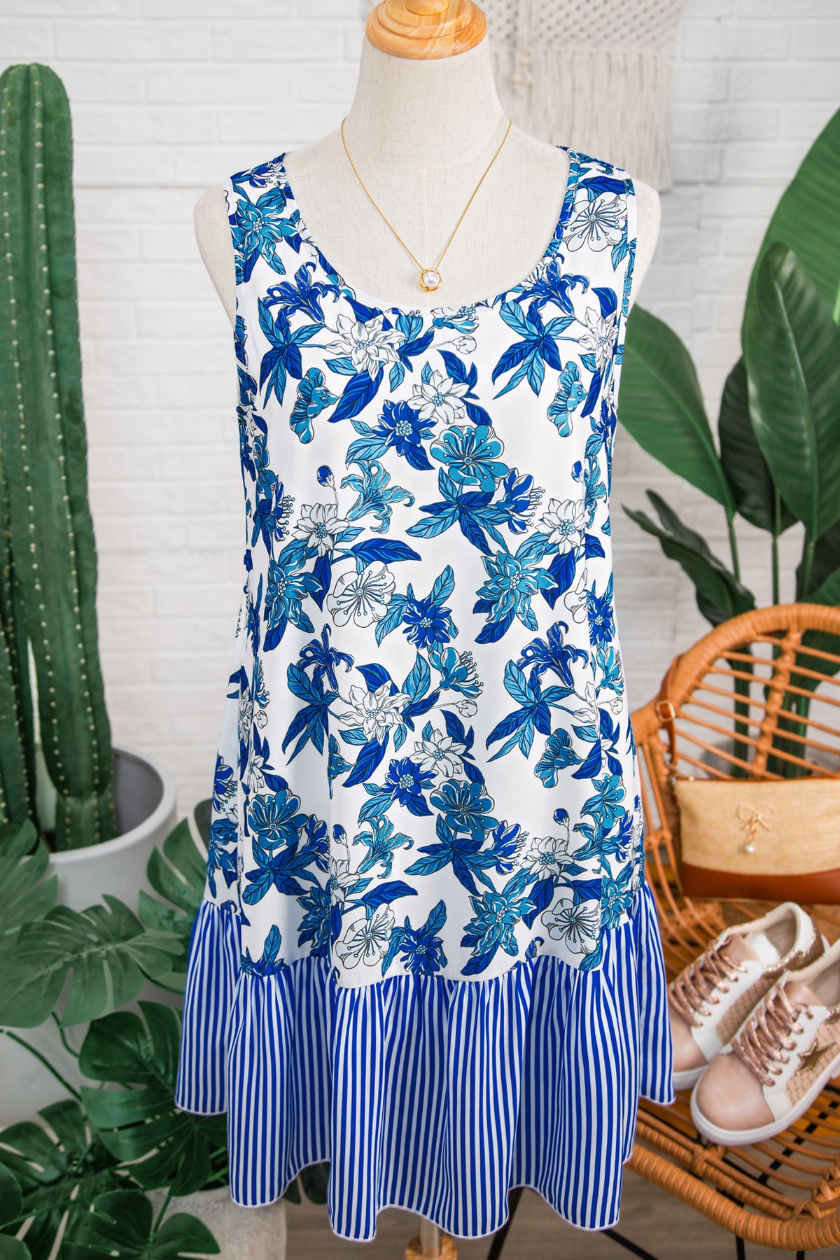 Striped Ruffle Hem Floral Dress