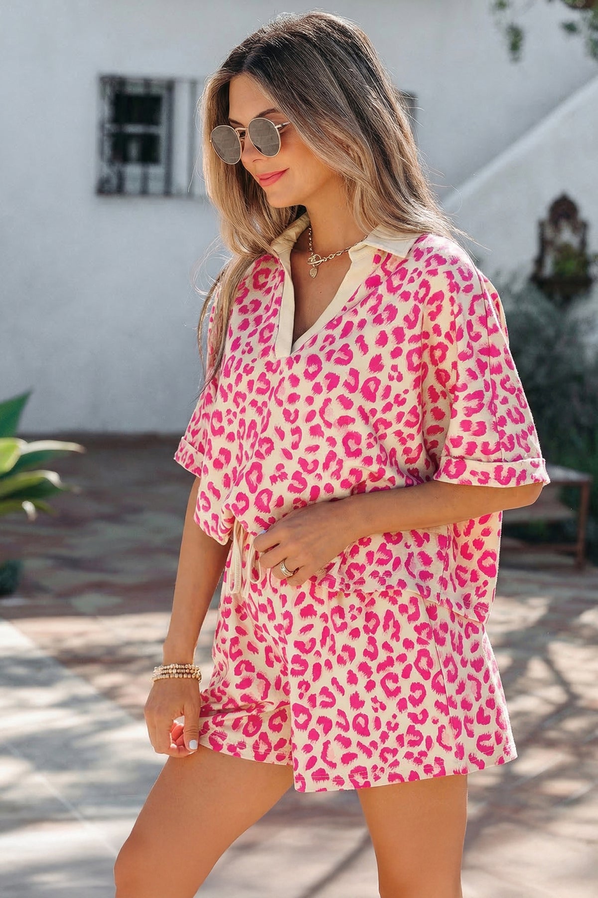 V-neck Leopard Printed Short Set