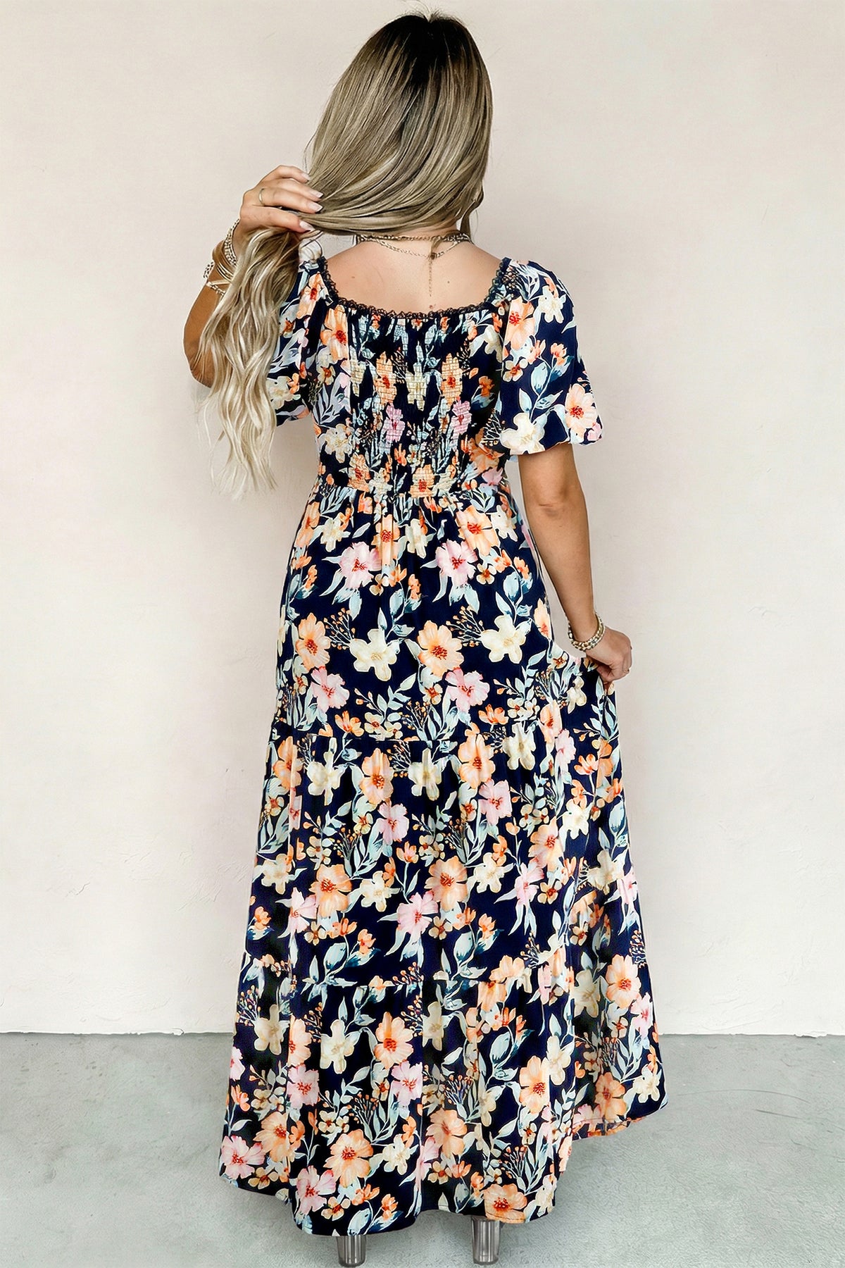 Smocked Detail Maxi Floral Dress