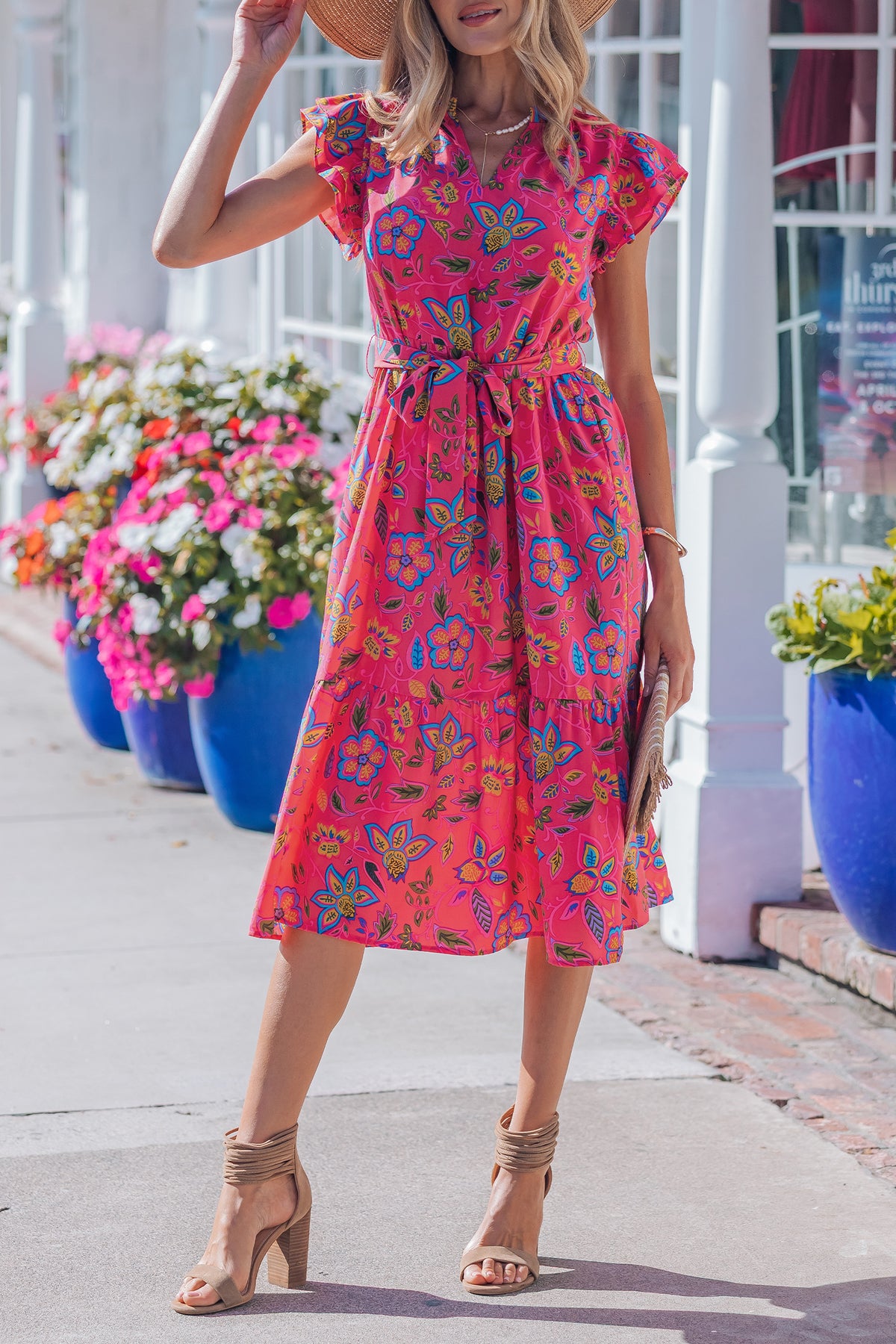 Flutter Sleeve Belted Floral Dress
