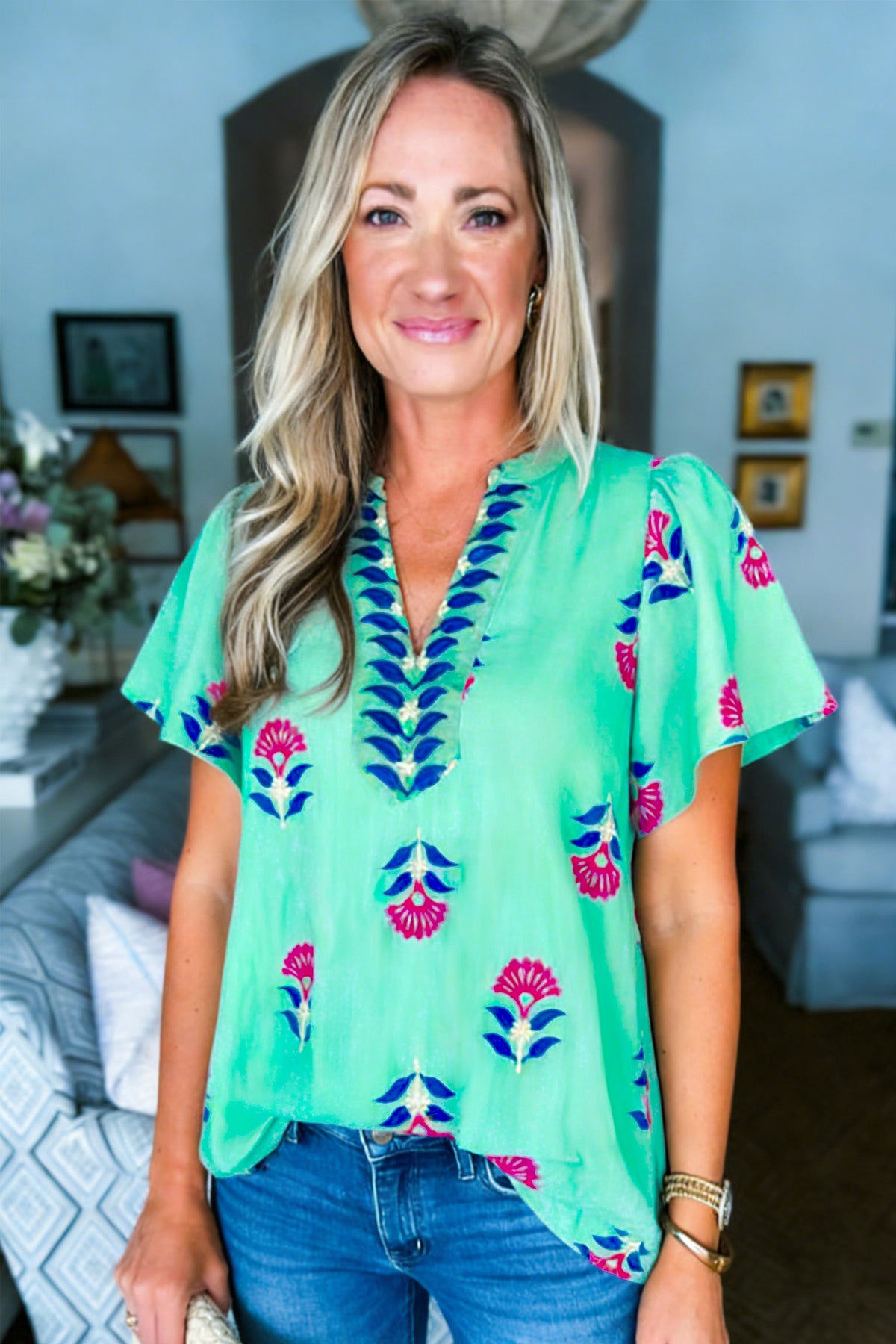 Floral V-neck Flutter Sleeve Blouse
