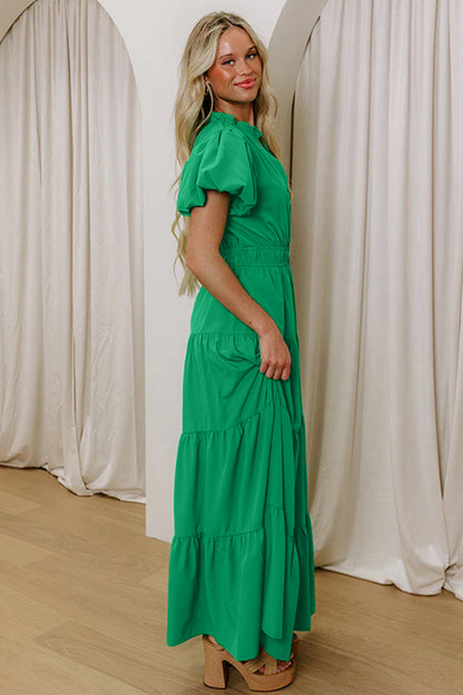 Clearly Aqua Solid Color V Neck Short Puff Sleeve High Waist Tiered Maxi Dress