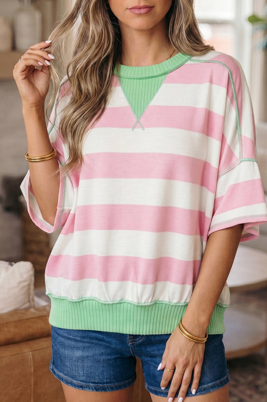 Stripe Exposed Seam Oversized Tee