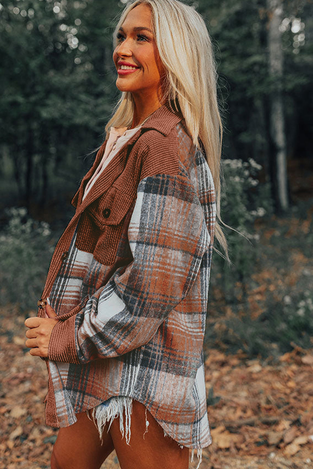 Corduroy Chest Pocket Plaid Shackets