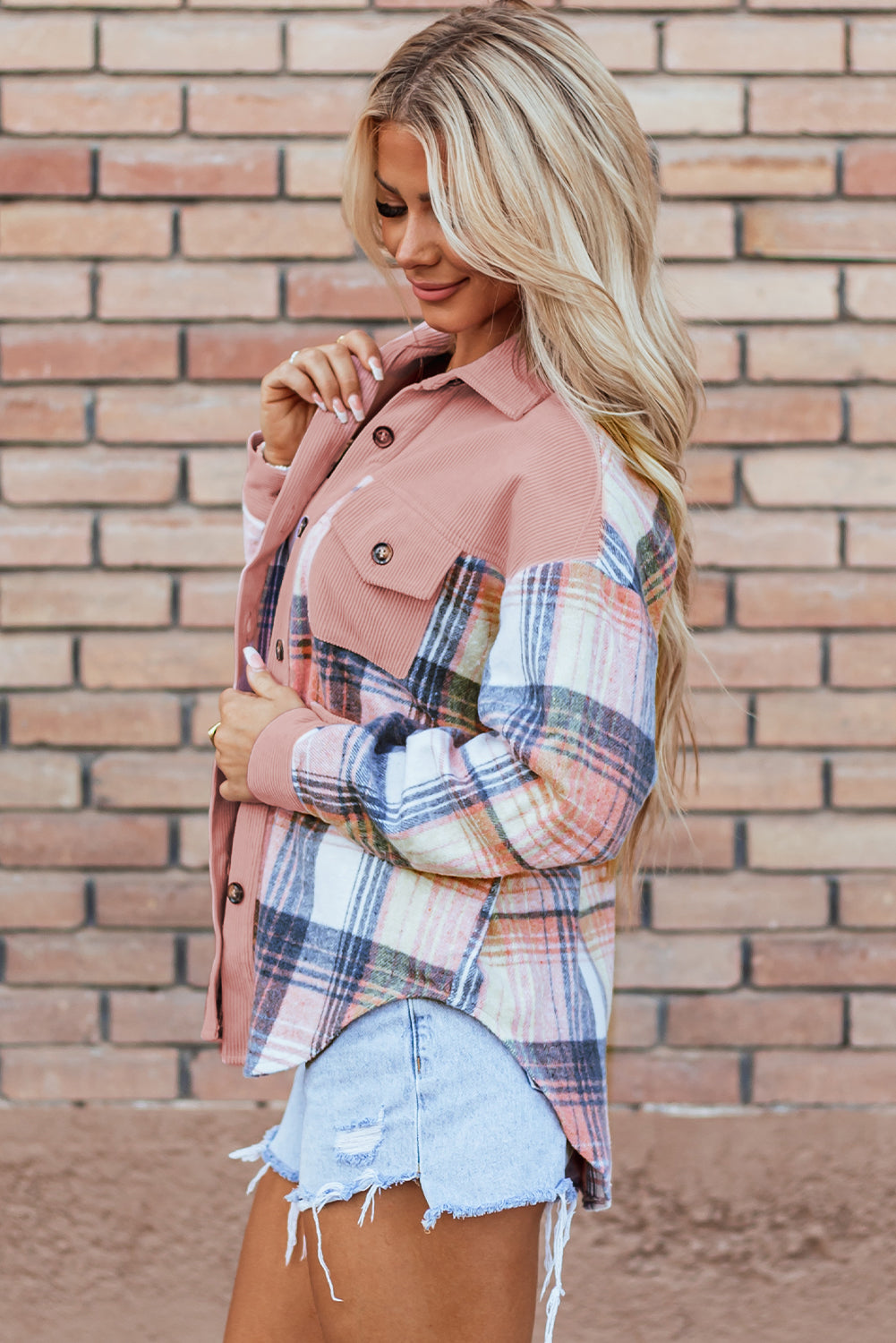 Corduroy Chest Pocket Plaid Shackets