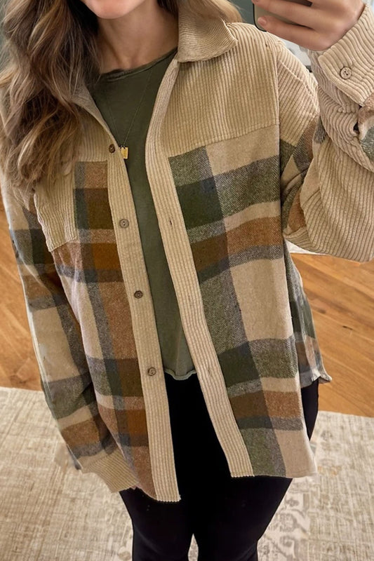 Retro Corduroy Shacket Plaid Shackets