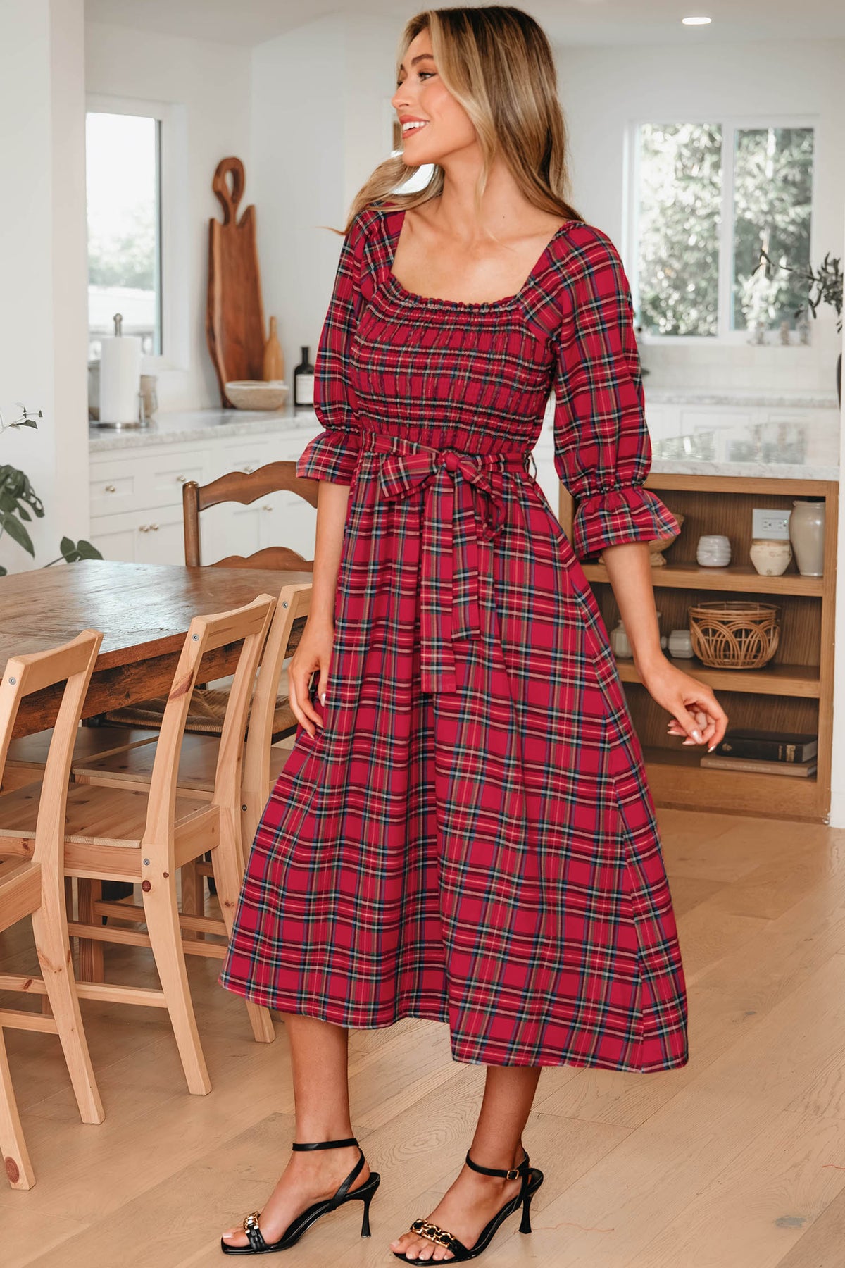 Puff Sleeve Flared Midi Dress