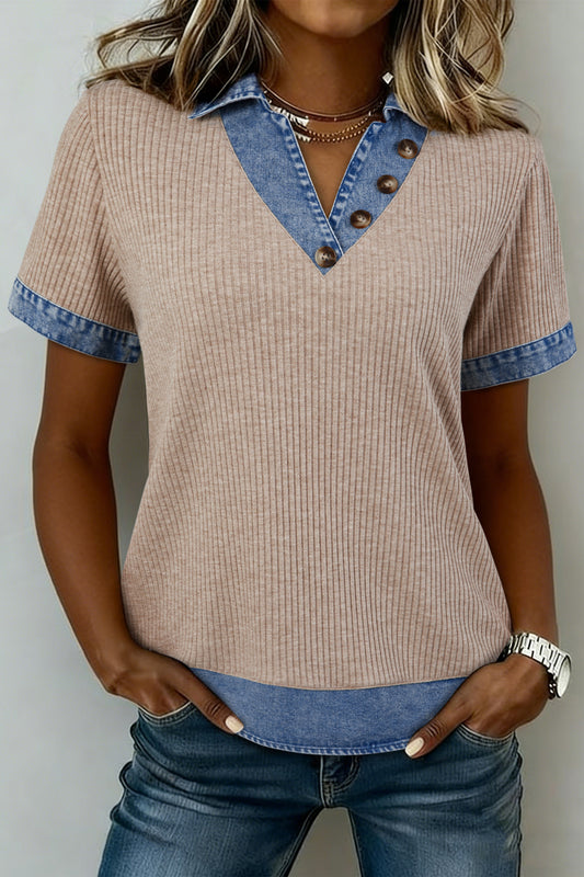 Ribbed Knit Denim Button Blouse