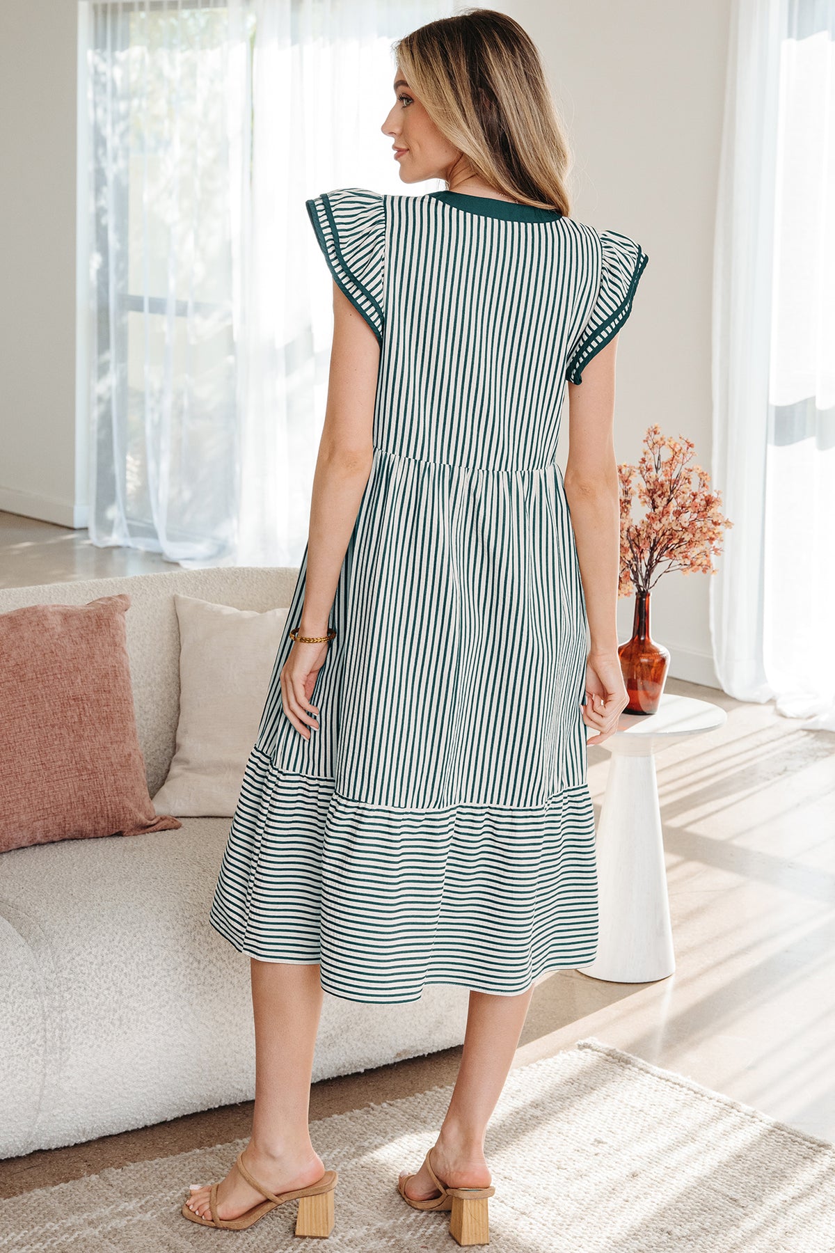 Stripe Ruffled V-neck Midi Dress