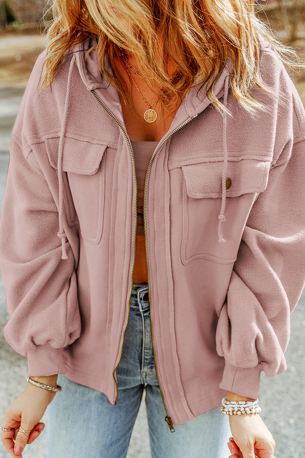 Flap Pocket Drawstring Hood Jackets