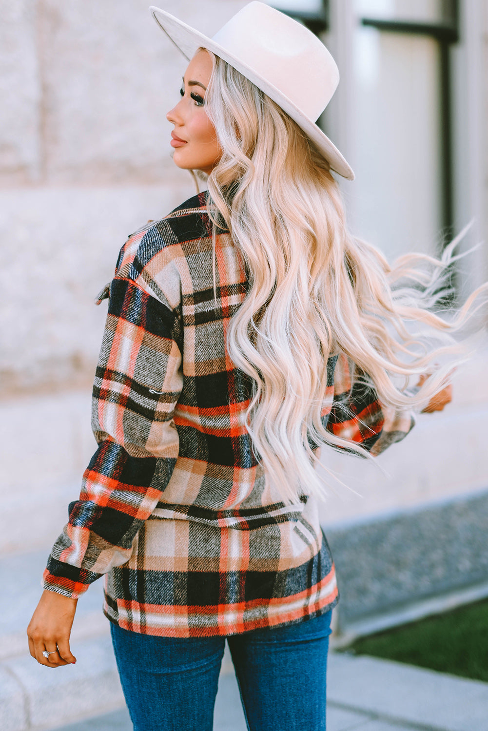 Fiery Geometric Pocketed Plaid Shackets