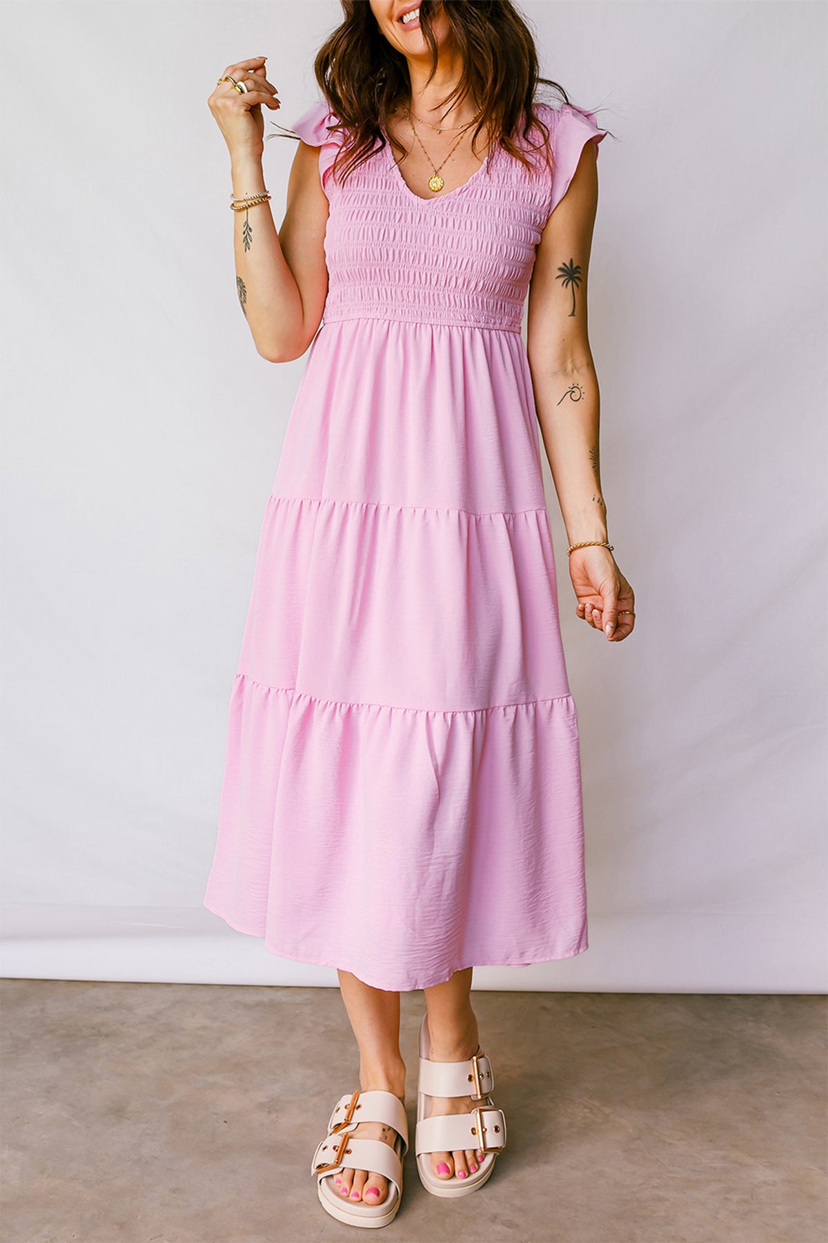 Smocked Bodice Tiered Midi Dress