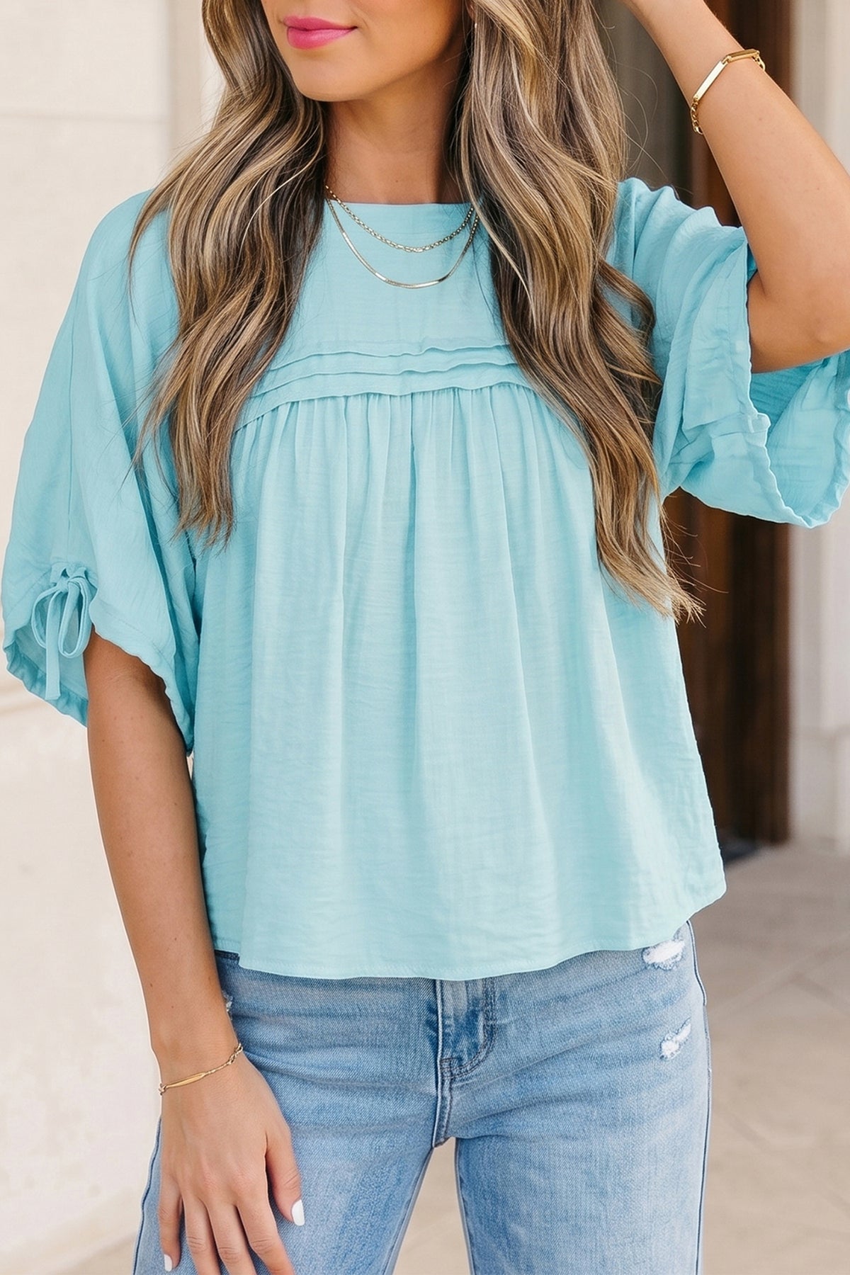 Tie Pleated Babydoll Blouse