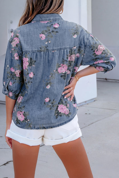 Bracelet Sleeve Floral Denim Blouse