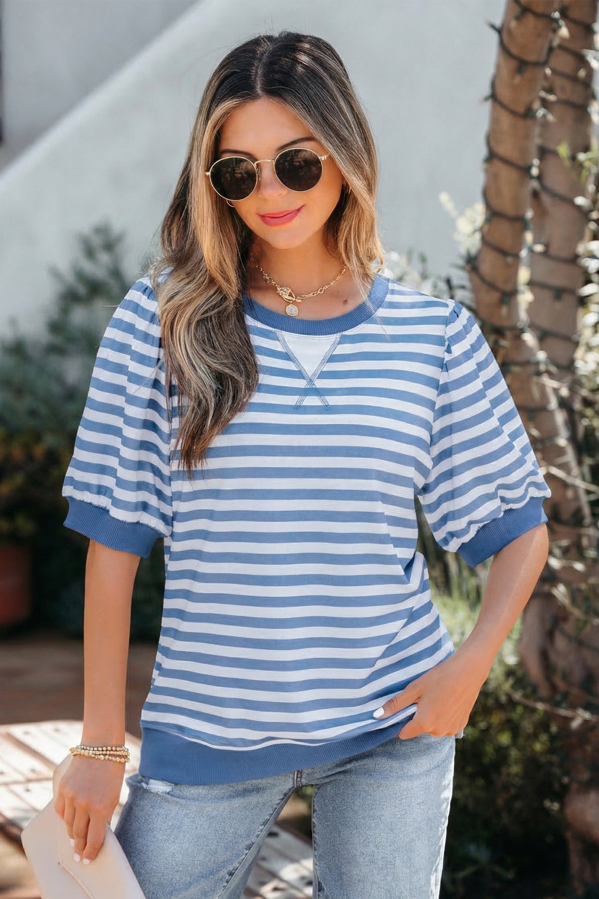 Stripe Short Bubble Sleeve Tee