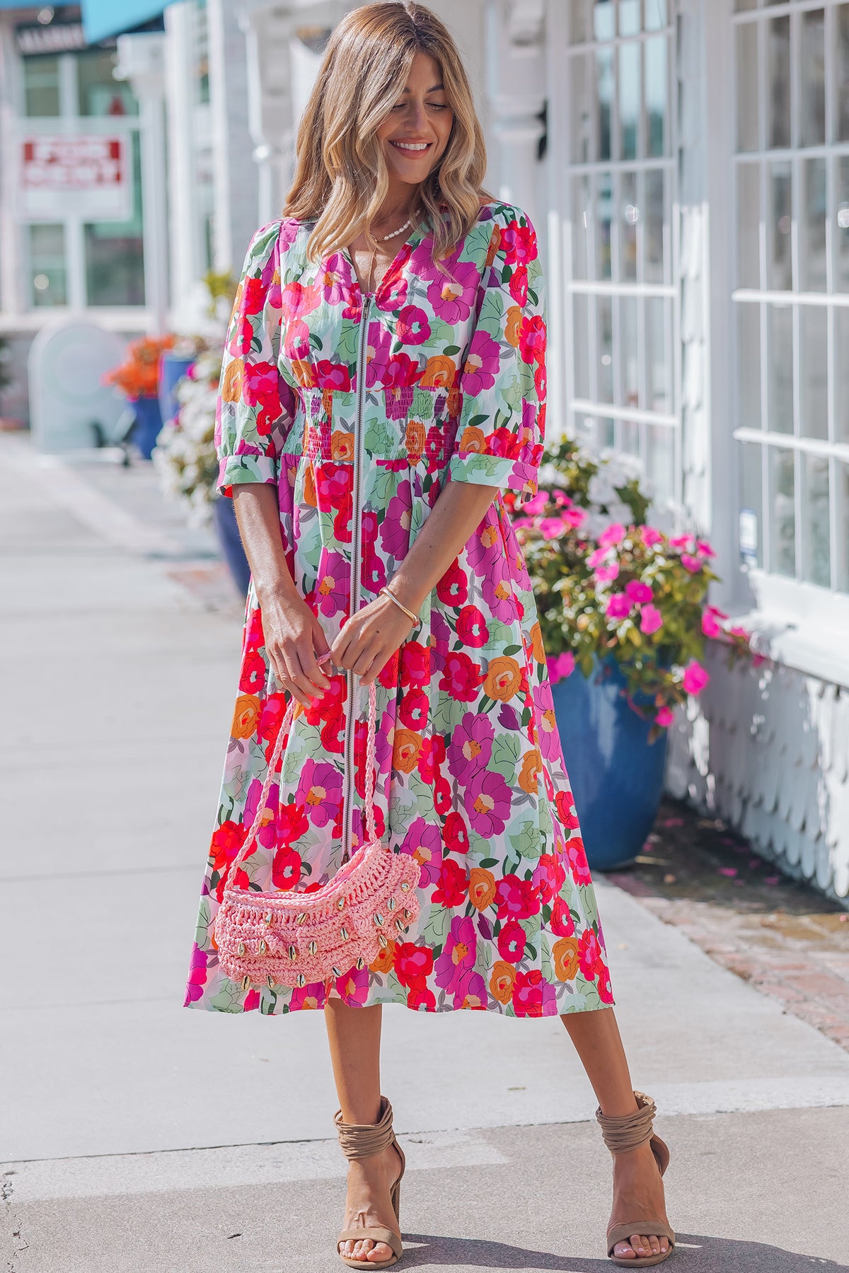 Vibrant V-neck Zip Floral Dress