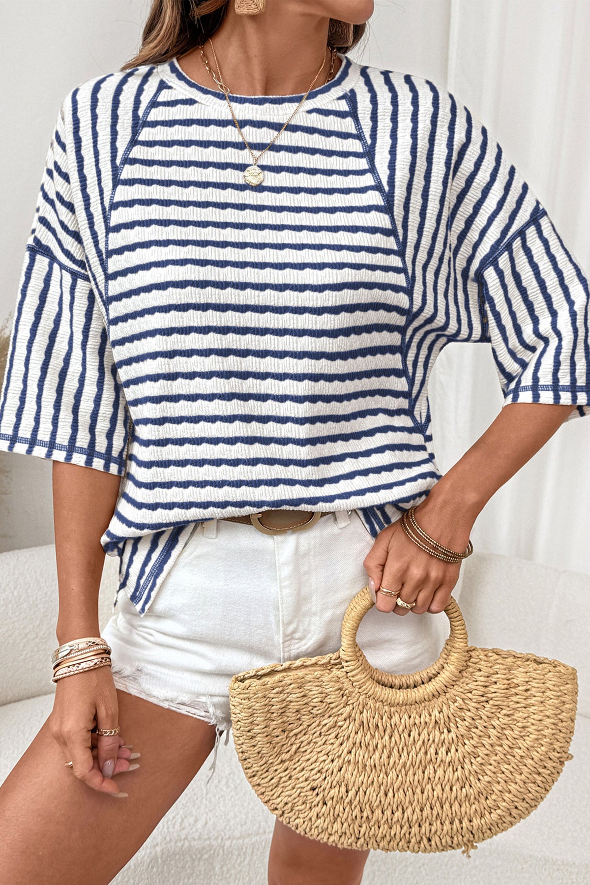 Stripe Textured Knit Split Tee