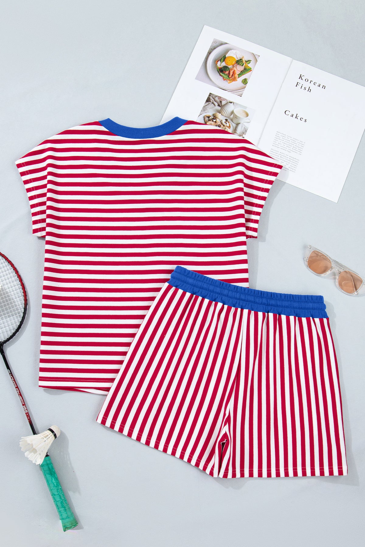 Stripe V-neck Drawstring Short Set