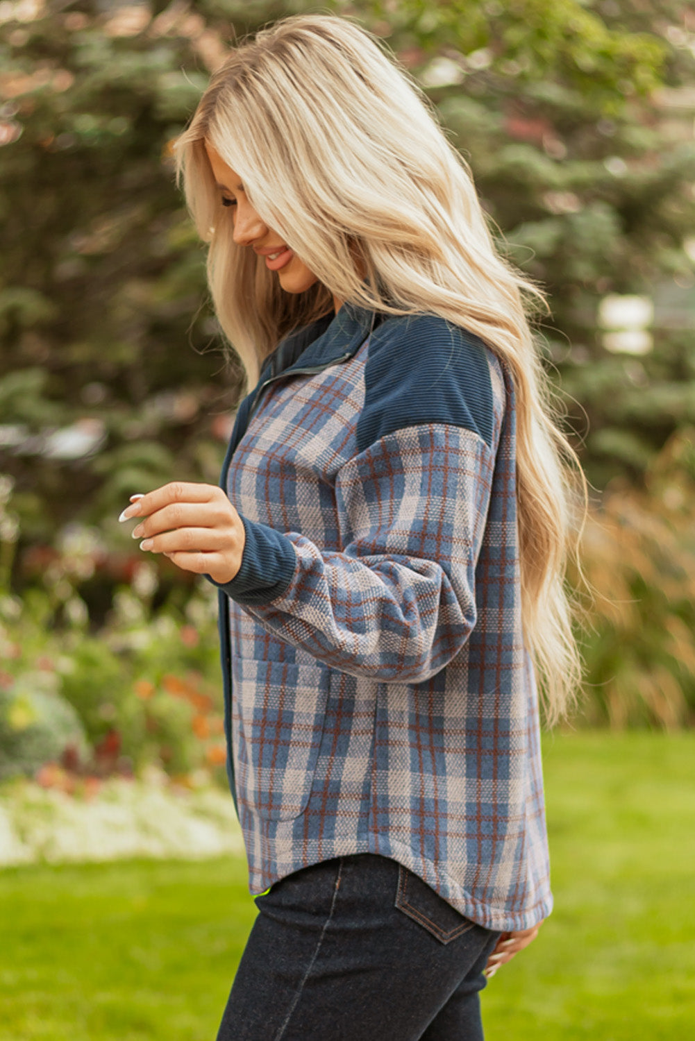 Corduroy Collared Button Plaid Shackets