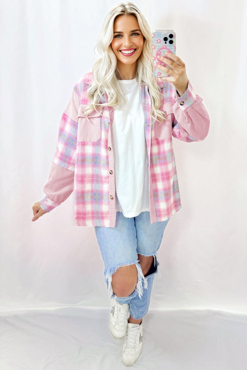 Brushed Corduroy Flap Plaid Shackets
