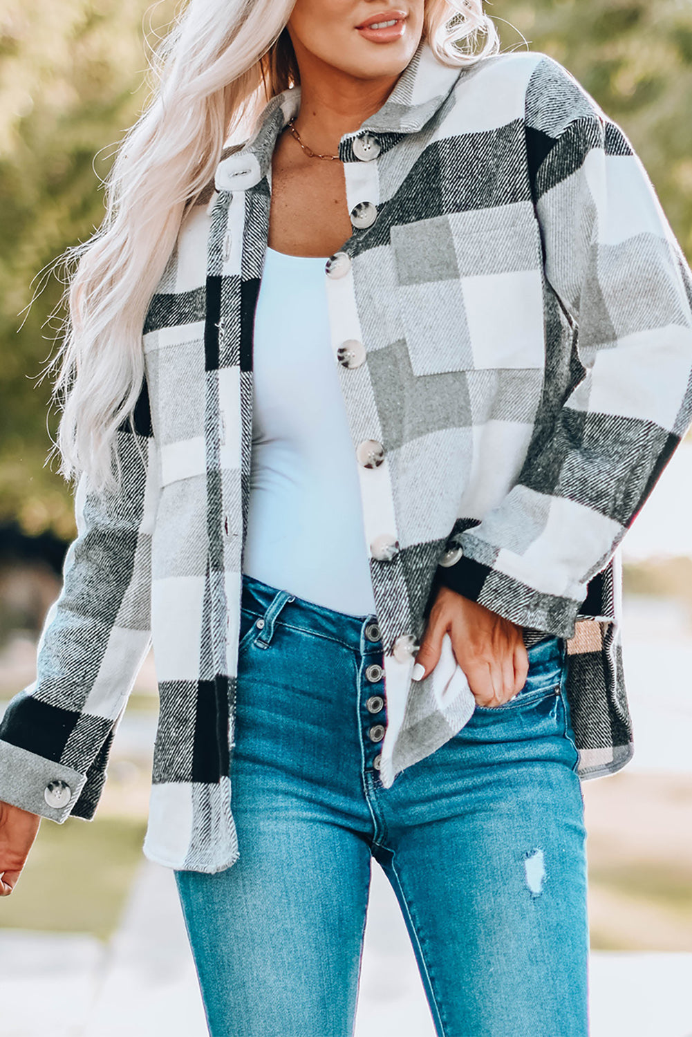 Color Block Buttoned Plaid Shackets