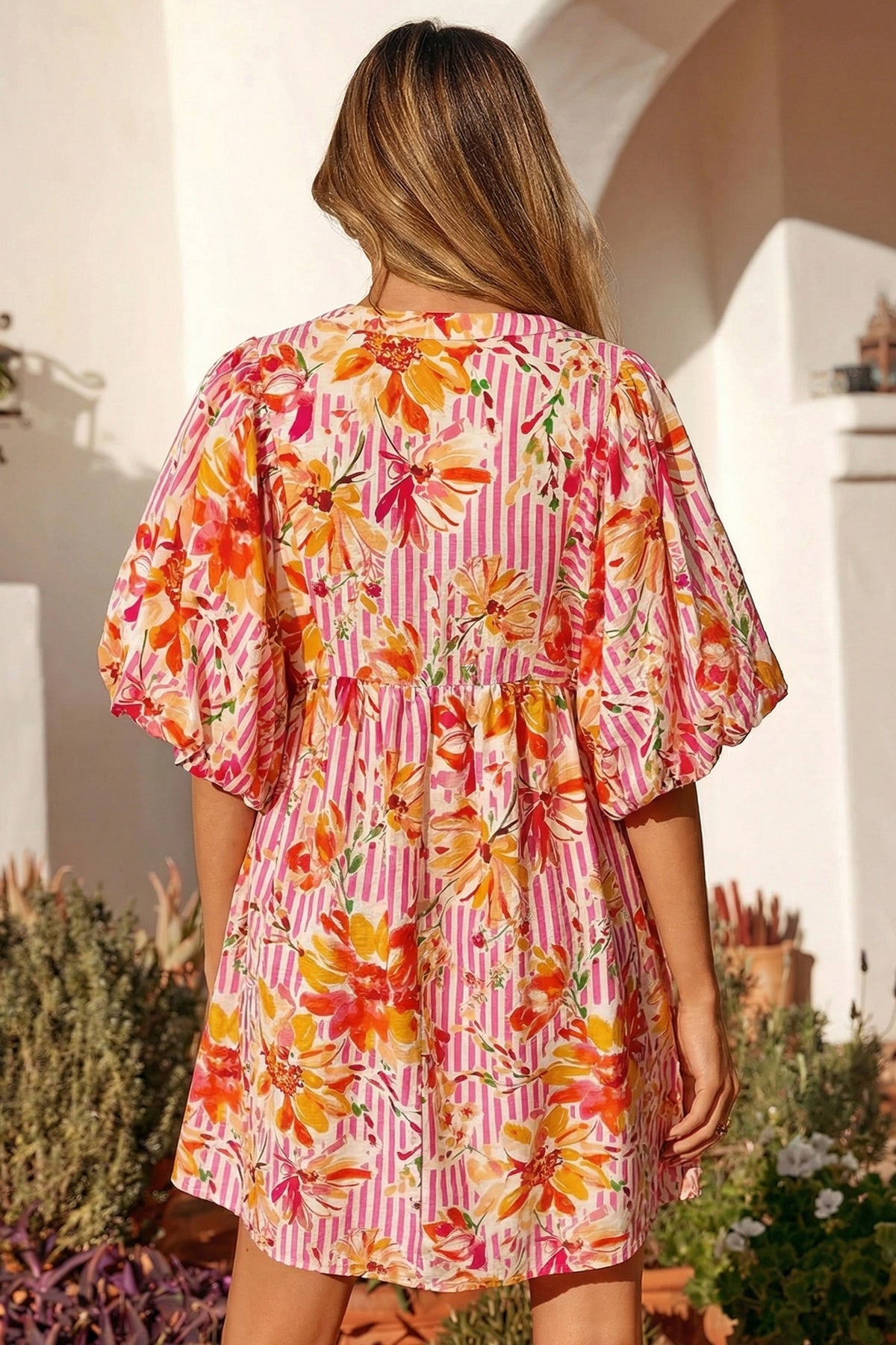 Striped Puff Sleeve Floral Dress