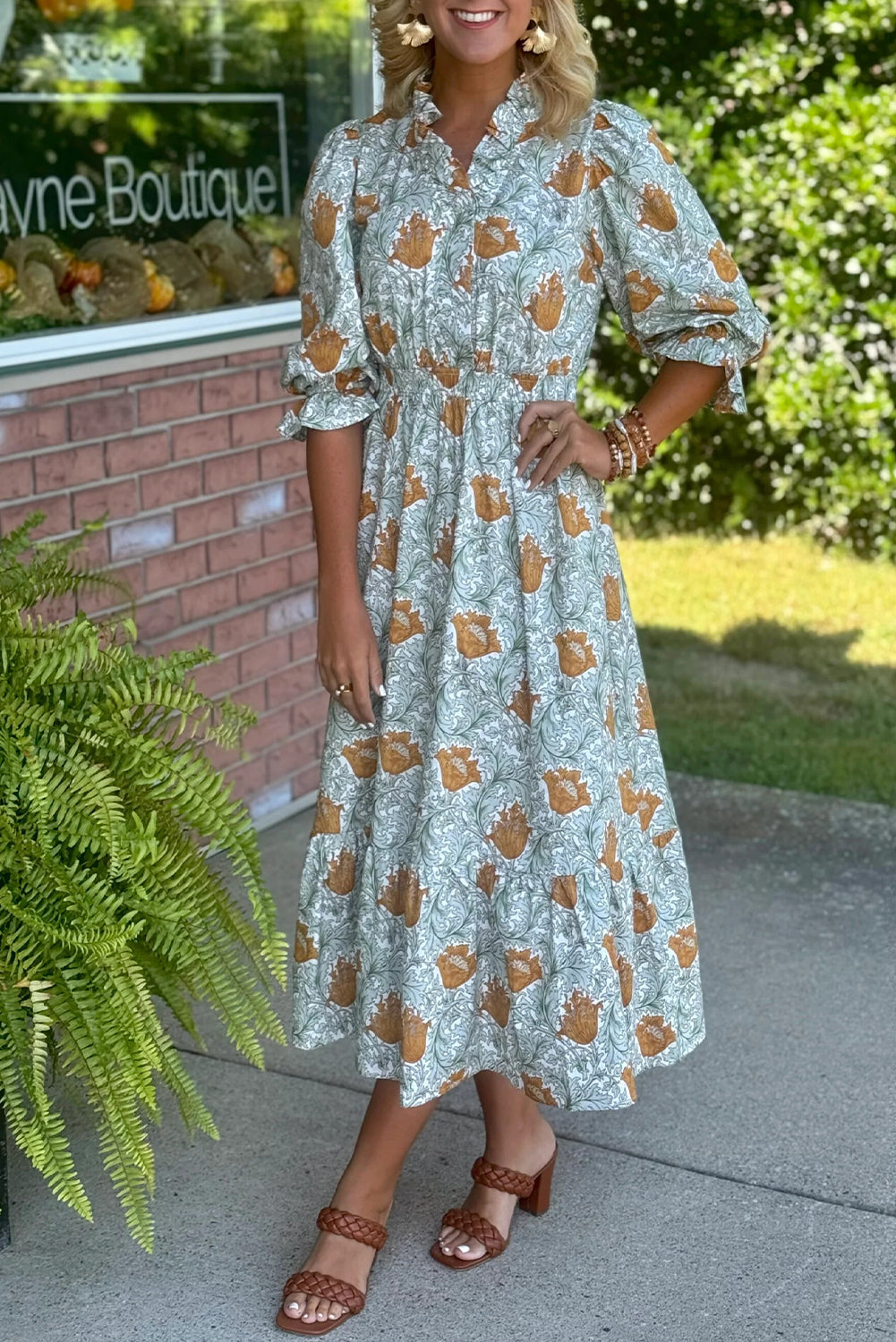 Printed Frilled V-neck Floral Dress