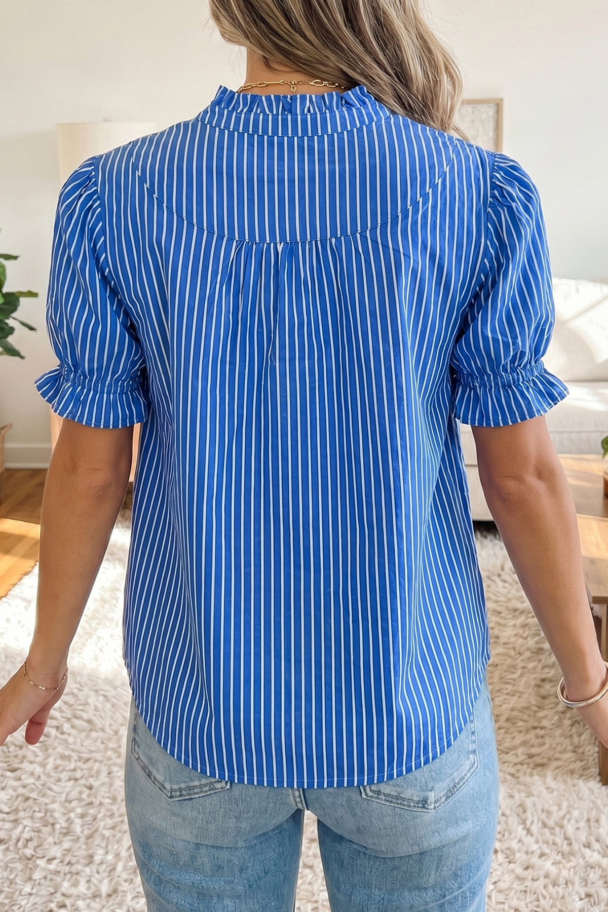 Stripe Ruffled Puff Sleeve Blouse