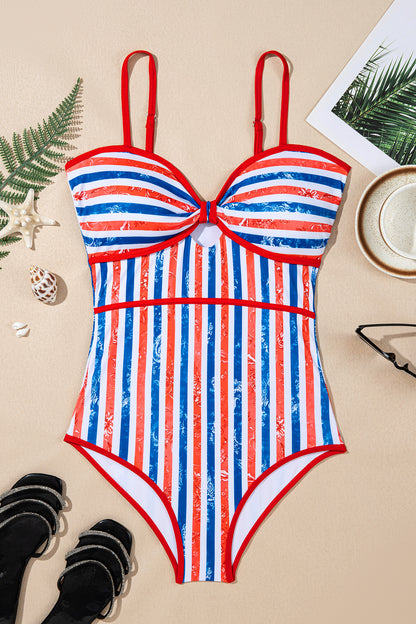 Red July 4th Stripes Impression Cutout Spaghetti Straps One Piece Swimsuit