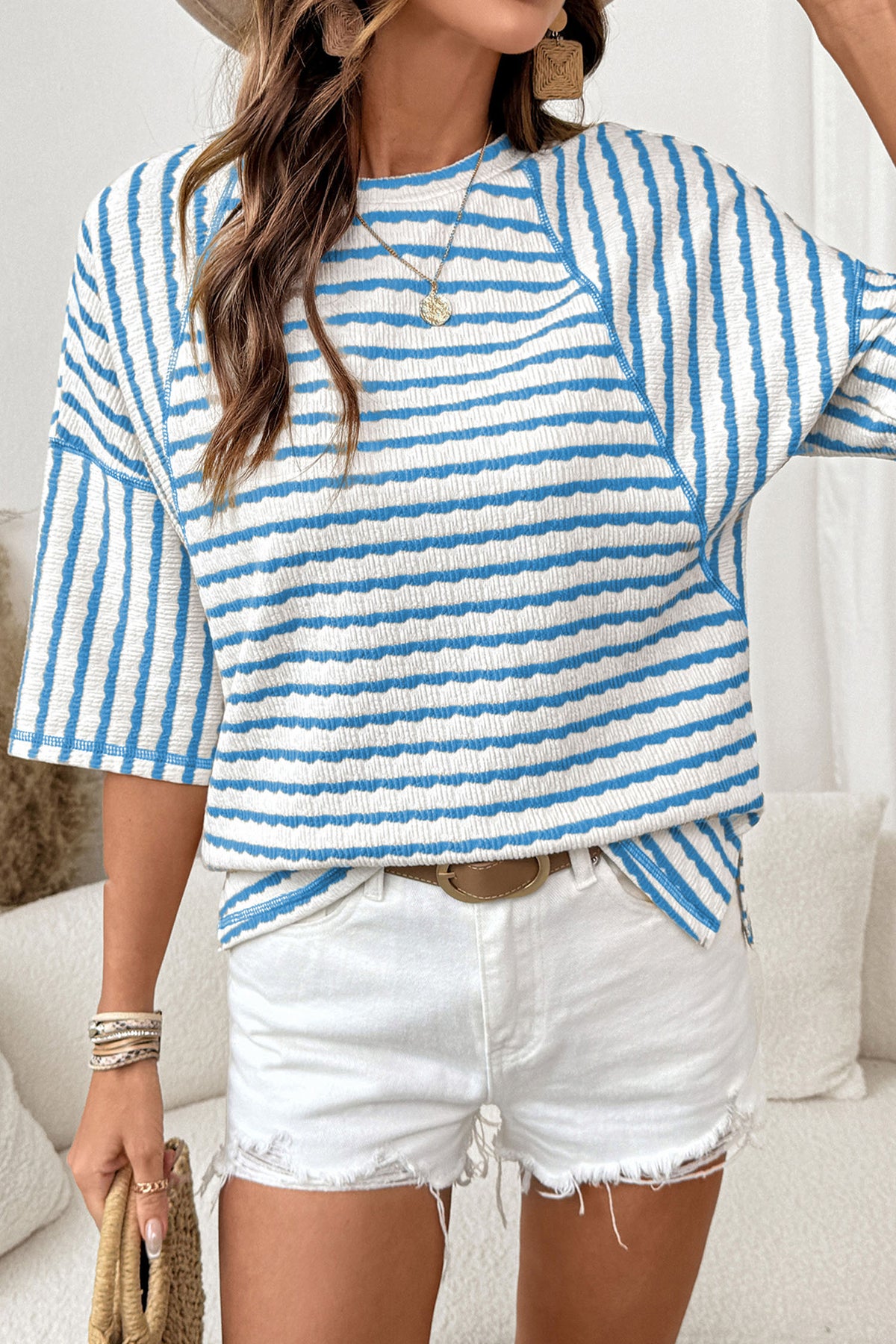 Stripe Textured Knit Split Tee