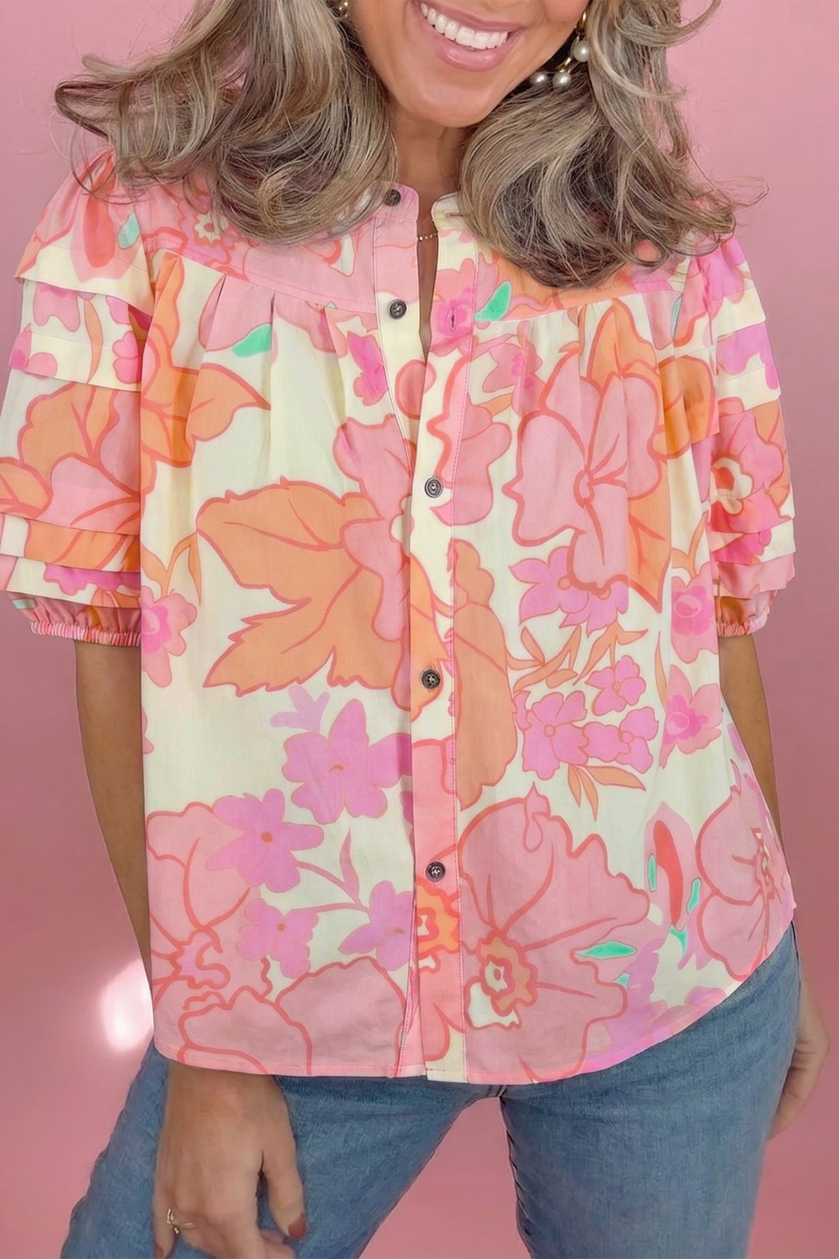 Floral Pintuck Short Sleeve Blouse