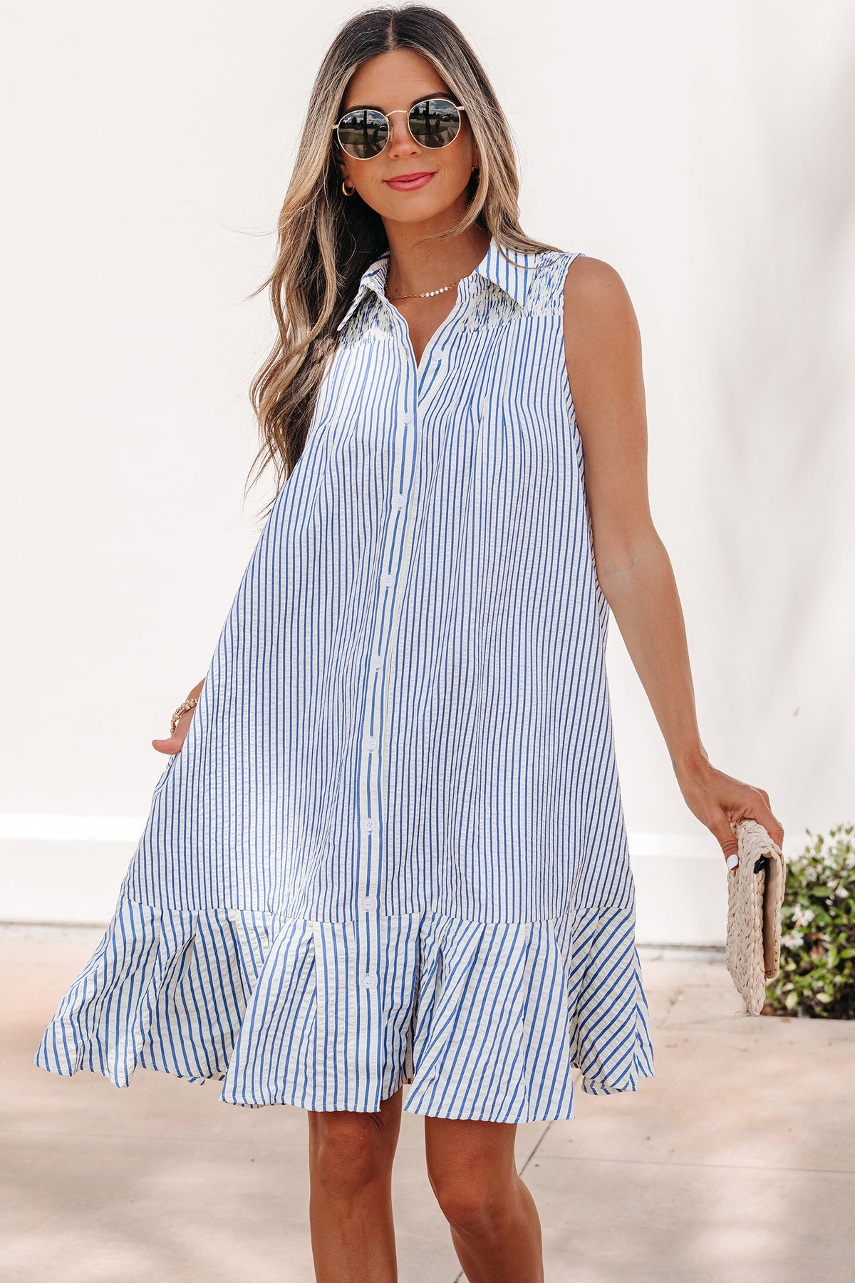 Stripe Shirred Sleeveless Mini Dress