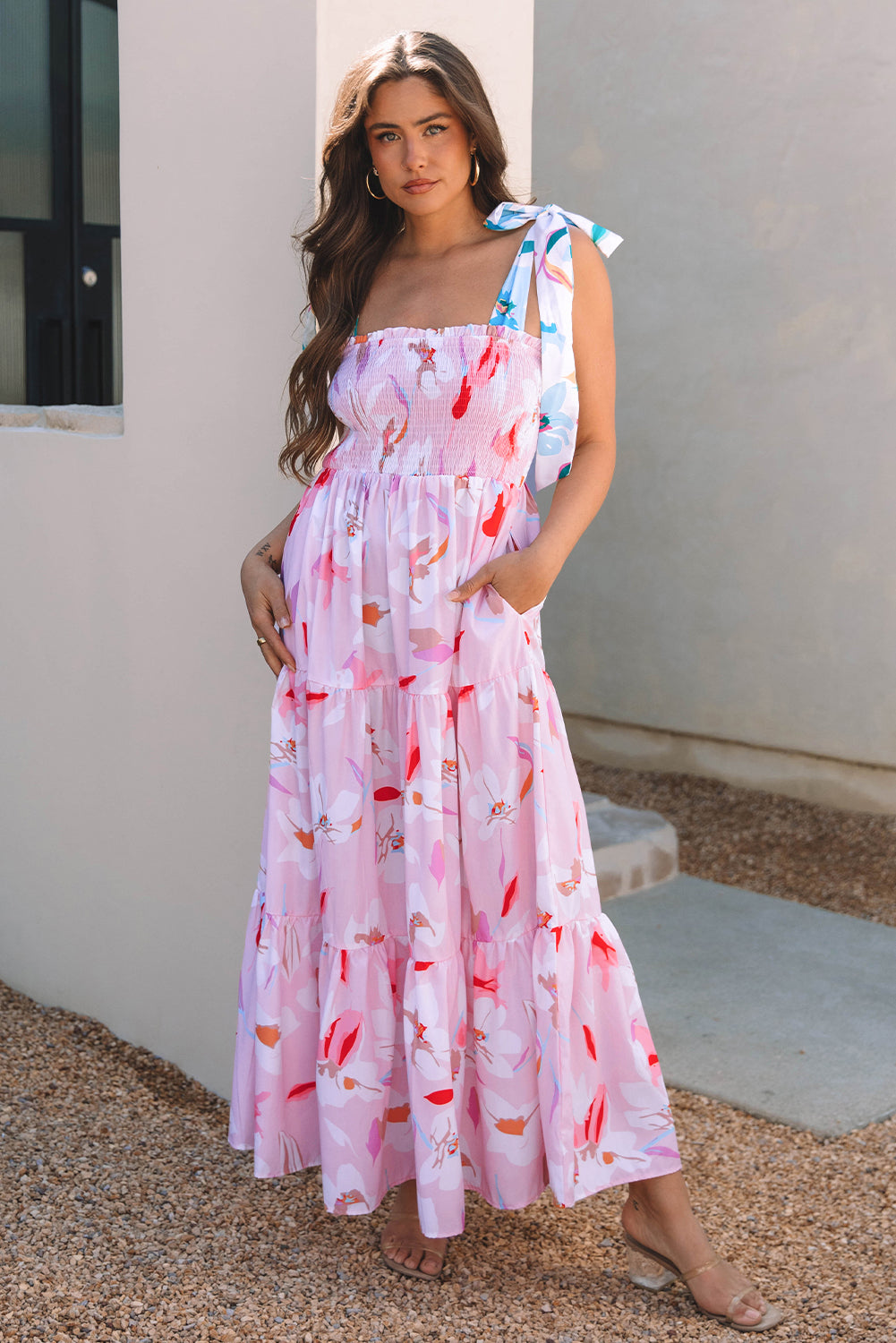 Knotted Smocked Maxi Floral Dress