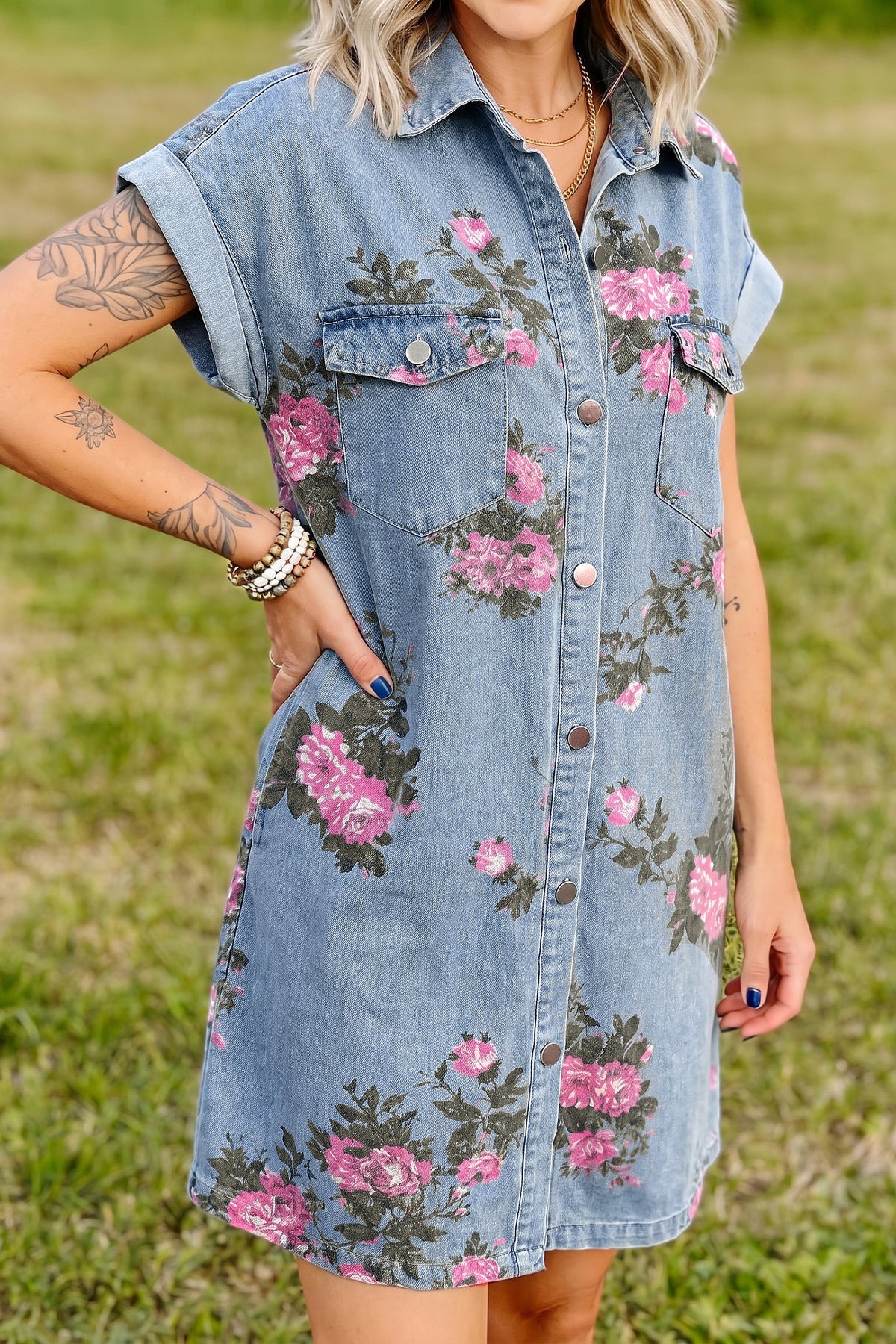 Denim Floral Cuffed Mini Dress