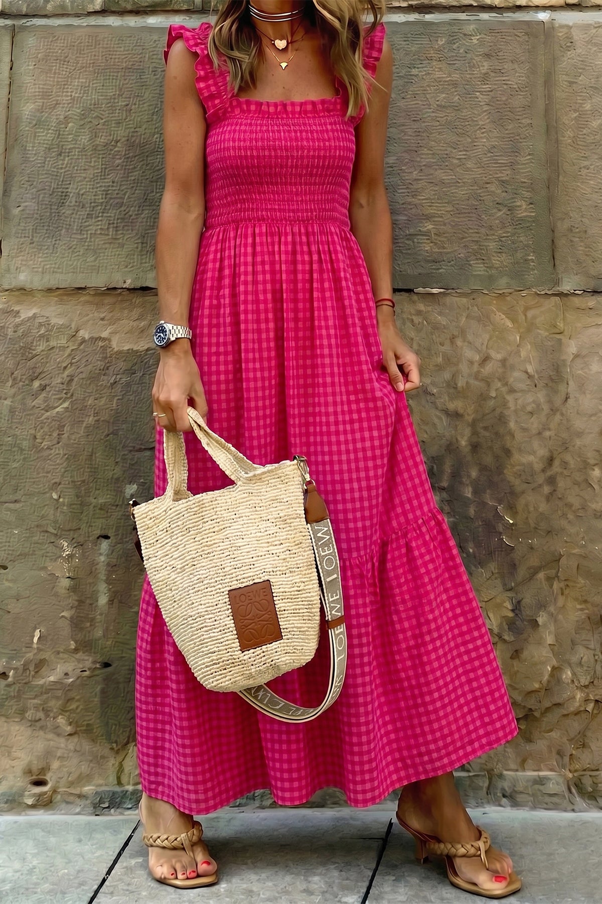 Plaid Square Neck Maxi Dress