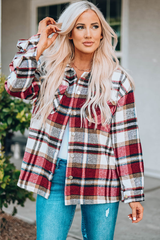 Fiery Geometric Pocketed Plaid Shackets