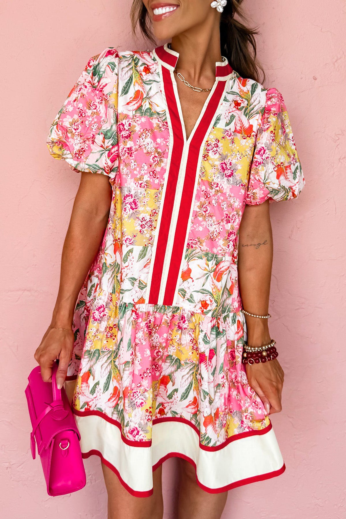 Color Block V-neck Floral Dress